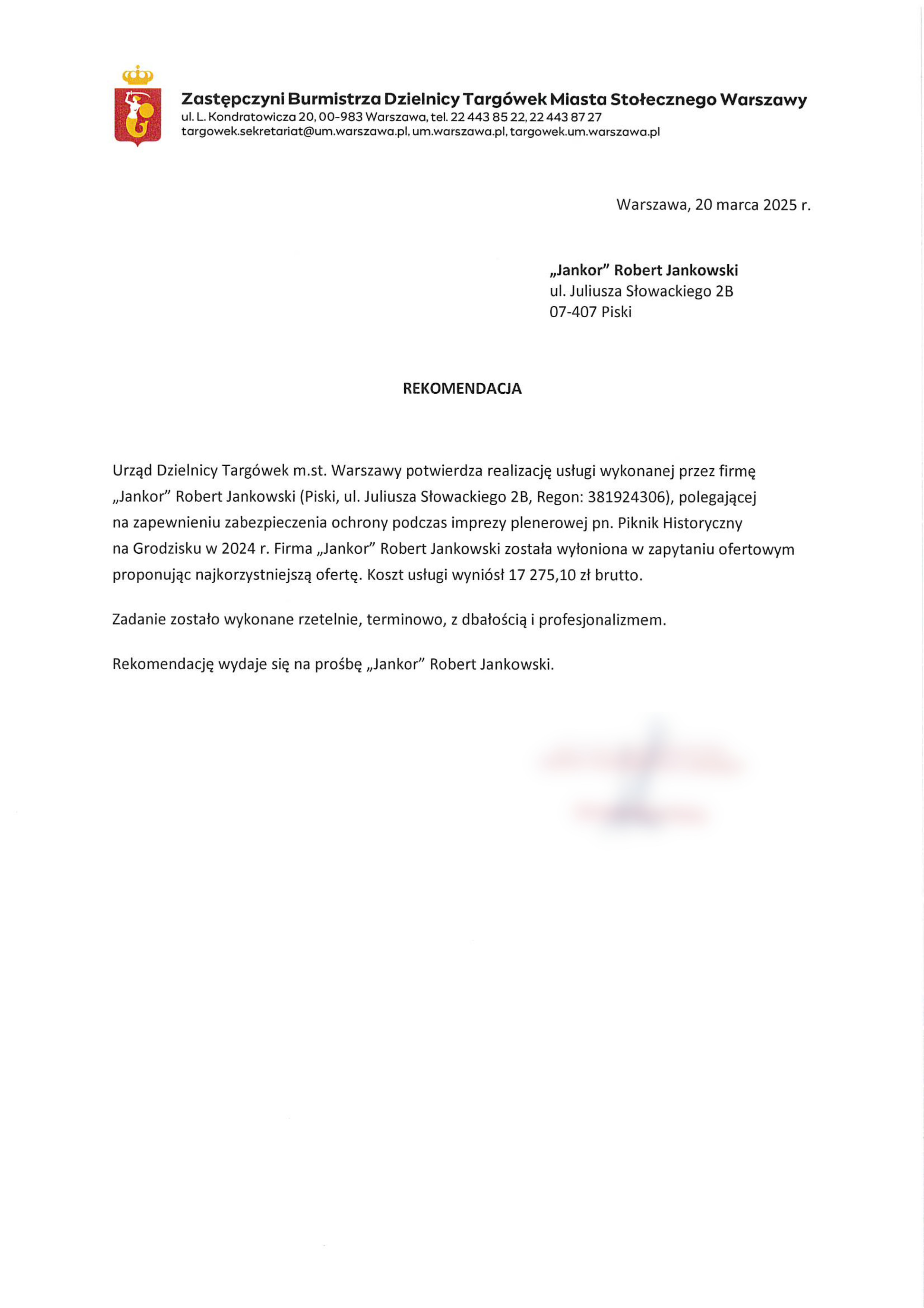 Rekomandacje Urząd Dzielnicy Targówek m.st. Warszawy